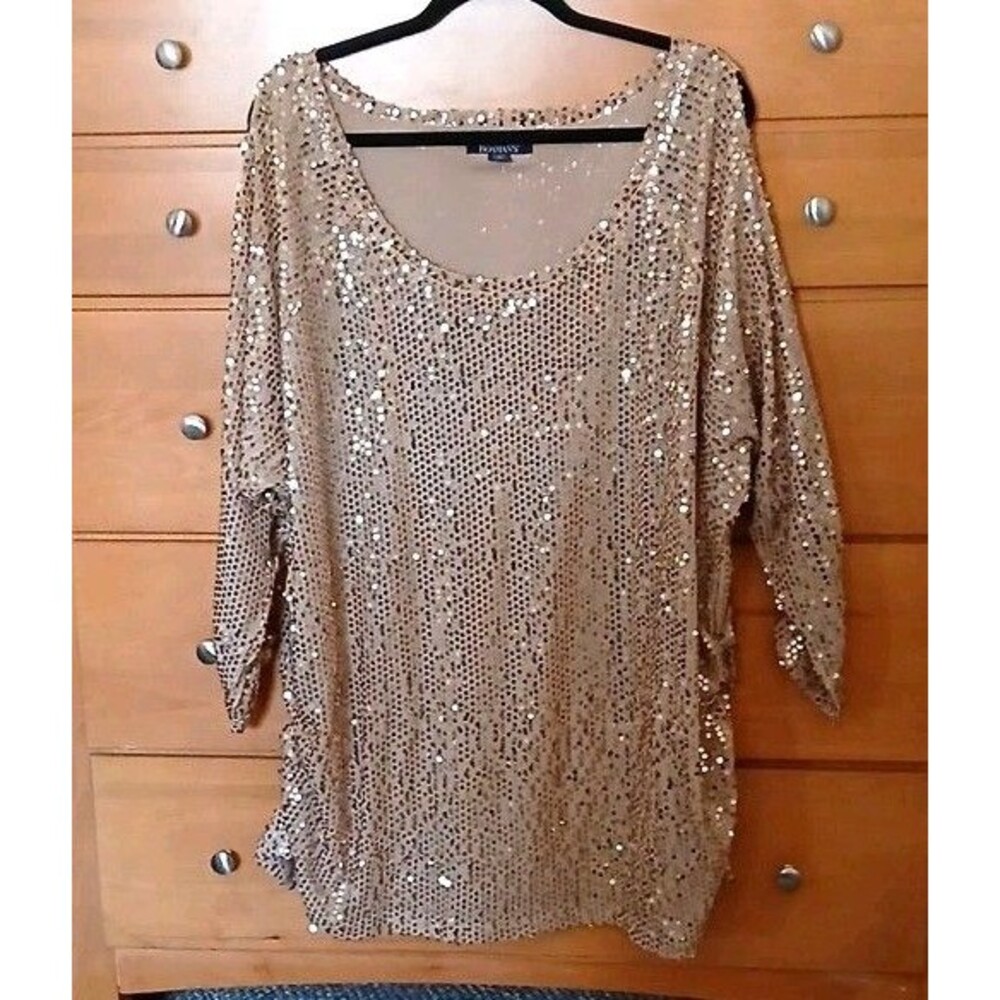 Roaman's Womens 22/24 Gold Sequin Lined Knit Top Cold Shoulder Long Sleeve